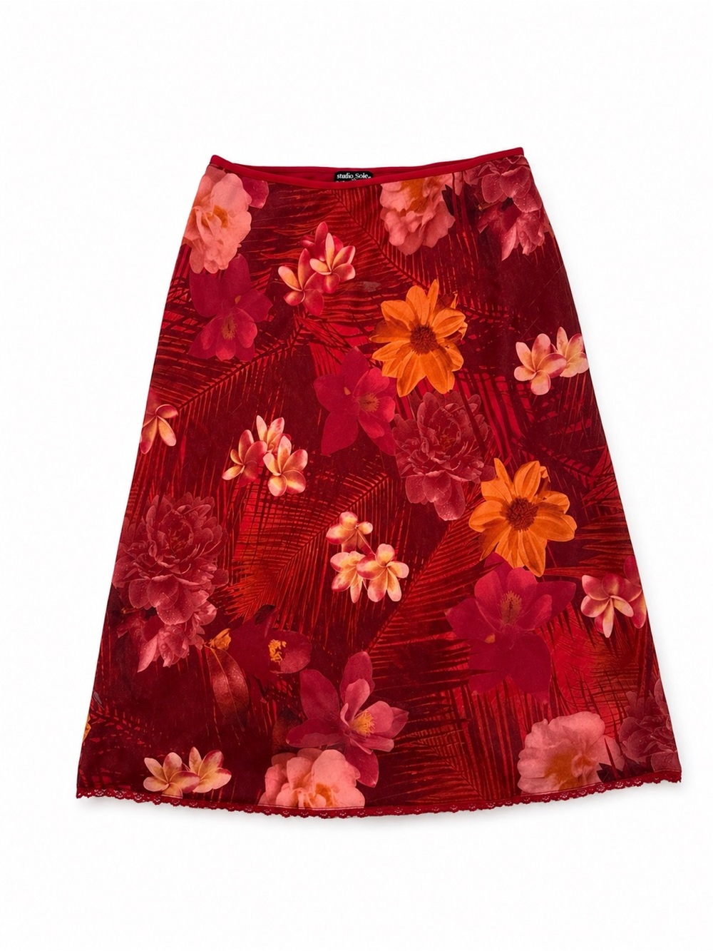 Studio Soleil Red Floral Midi Skirt Elastic Size Medium Y2k USA